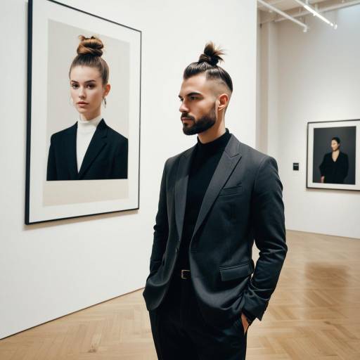 Man with Disconnected Top Knot in Modern Art Gallery