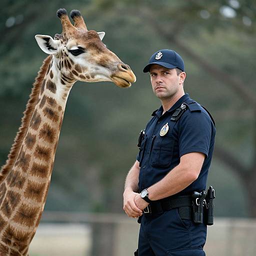 Photograph of a serious male zookeeper in black uniform standing beside a tall giraffe with brown and white patches in a forested zoo enclosure.