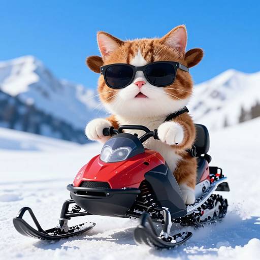 Cute orange-and-white kitten with sunglasses riding a red snowmobile in a snowy mountain landscape, looking cool and confident. Photorealistic CGI.