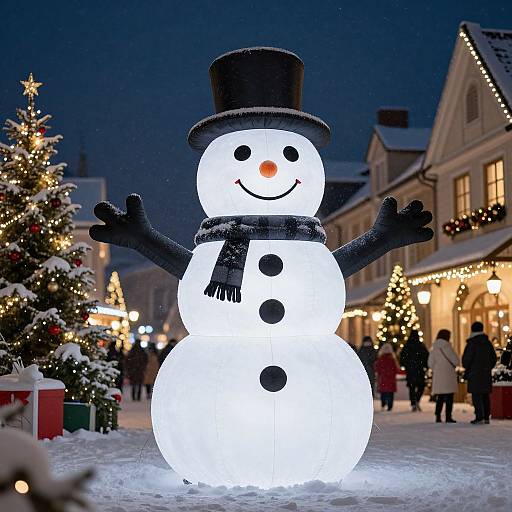 Photograph of a glowing snowman light display with black top hat, scarf, and buttons, in a snowy, festive town square at night.