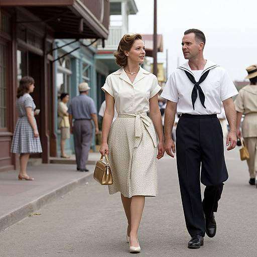 Photograph of a 1950s-style couple walking on a street; woman in white blouse and beige skirt, man in sailor shirt and black pants