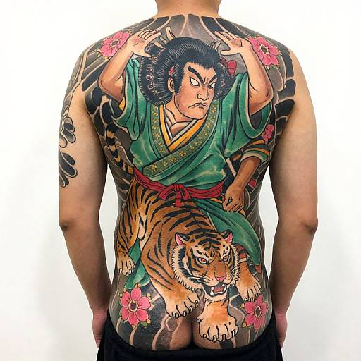 Tattooed Asian man with green kimono and tiger on back, black hair, floral accents, intense expression, traditional Japanese style.