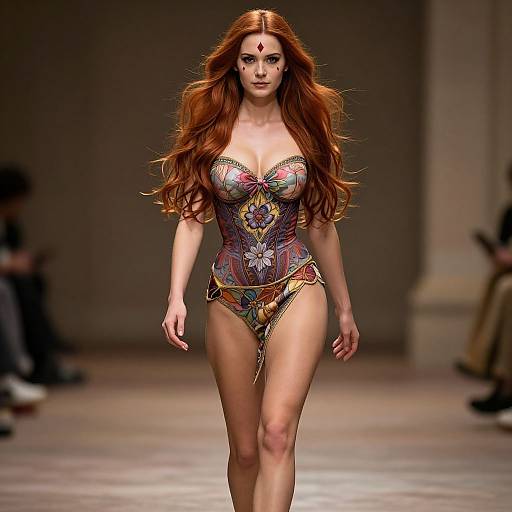 Photograph of a red-haired model with long waves, wearing a colorful, intricate bodysuit, and a forehead jewel, walking a dimly lit