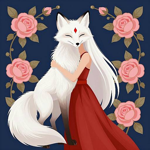 Elegant White Fox with Mysterious Figure