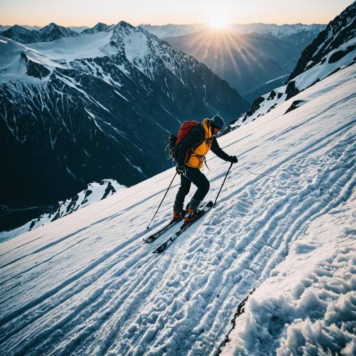 Mountaineer Carving Snow Path on Alpine Ridge at Dawn
