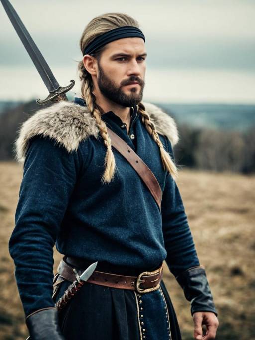 Viking Warrior with Sword and Dagger Outdoors