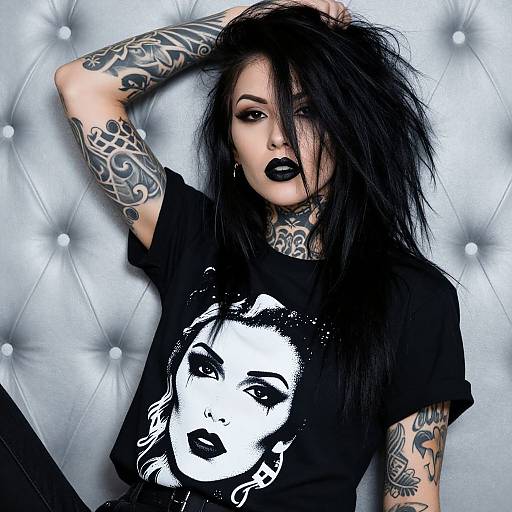 Tattooed goth woman with black hair, dark lipstick, wearing black graphic tee, poses against tufted silver background, hand in hair