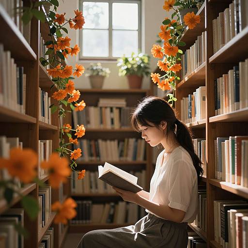 Photograph of an Asian woman with long black hair, wearing a white blouse and high-waisted gray pants, reading a book in a sunlit