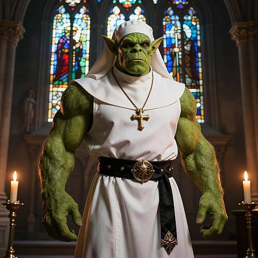 Photograph-style digital art of a muscular, green-skinned goblin in a white nun's habit with a black belt and cross necklace, standing in