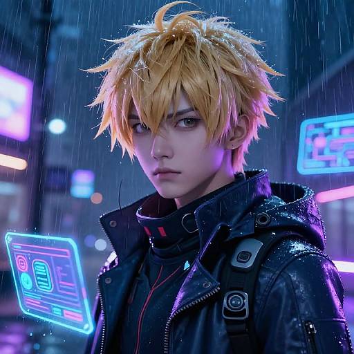 Digital anime-style portrait of a rain-soaked, blond-haired, serious-eyed young man in a black, high-tech jacket with glowing neon signs in the
