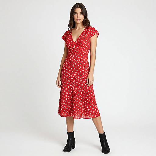 Photograph of a woman with wavy dark hair, wearing a red, short-sleeve, V-neck, floral dress and black ankle boots,