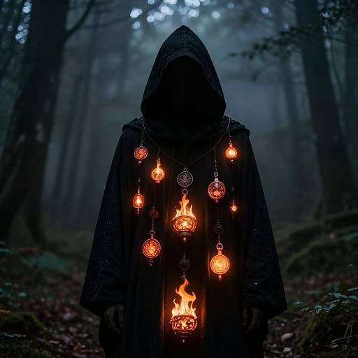 Mysterious figure in black hooded cloak, adorned with glowing red and orange magical lanterns, stands in a dark, foggy forest with a central
