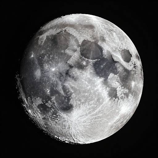 Photorealistic CGI of a full moon with detailed craters, bright white highlights, and dark shadowed areas against a black background.