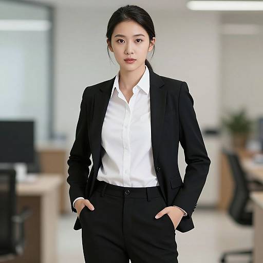 Photograph of an Asian woman with black hair in a bun, wearing a black suit with white shirt, hands in pockets, standing in a modern,