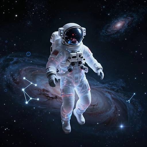 Digital artwork of an astronaut in a white spacesuit with a reflective helmet floating in space, surrounded by a starry galaxy and a glowing nebula.