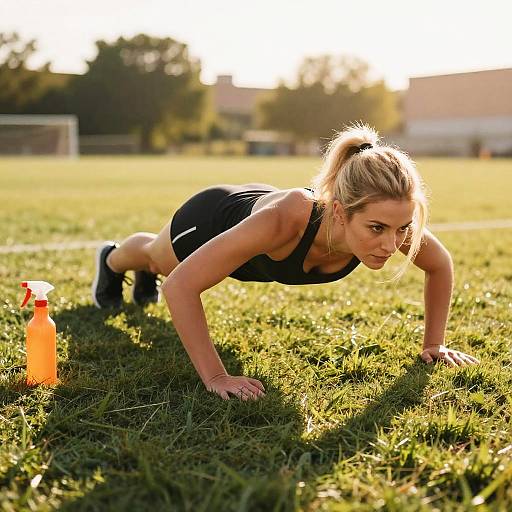 Sunlit Woman Doing Push-Up Outdoors