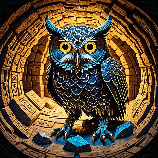 Hieroglyphic Owl-Scorpion Chimera in Sandstone Cavern