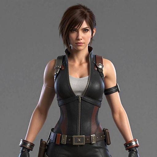 CGI image of a determined, short-haired brunette woman in a black leather vest, white tank top, and tactical gear, against a gray background.