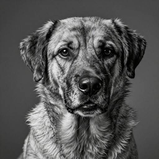 Black-and-white photographic portrait of a medium-sized, medium-haired, sad-eyed dog with a slightly droopy ear, set against a dark gradient background.