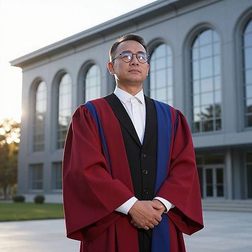 Photograph of a young man with short dark hair, glasses, and light skin, wearing a maroon and blue graduation gown, white shirt, standing