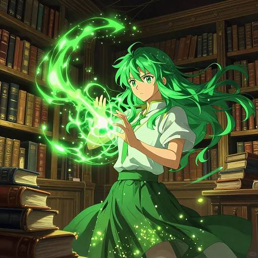 Anime-style digital illustration: Green-haired girl in white shirt and green skirt conjures glowing green magic in a dim, book-filled library.