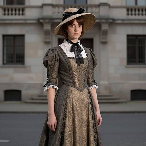 Photograph of a young Caucasian woman in a Victorian-style brown dress with white lace collar, black bow, and wide-brimmed hat, standing in