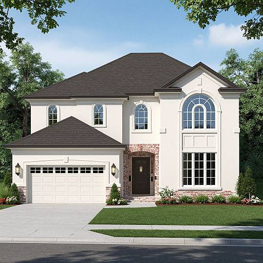 Photograph of a two-story suburban house with white stucco, dark brown shingle roof, arched windows, brick accents, double garage,