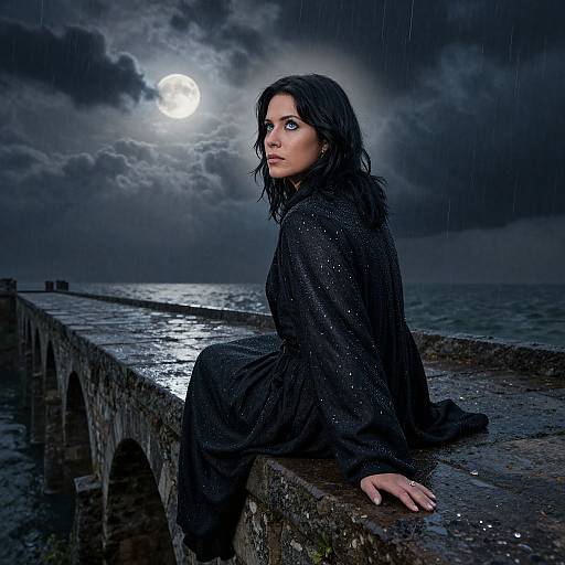 Photograph of a dark-haired woman in a black, wet, sparkly dress, sitting on a rain-soaked pier at night, under a full