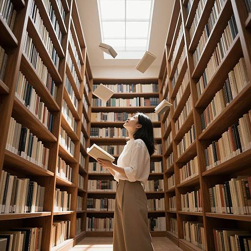 Photograph of an Asian woman with black hair, white blouse, and brown pants, standing in a sunlit library, books flying around her, holding
