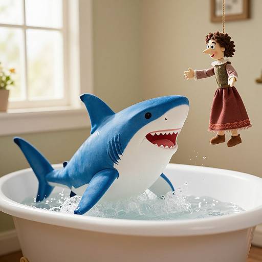 Photograph of a blue shark plush toy in a white bathtub, with a hanging doll dressed in a Victorian-style dress, in a brightly lit bathroom with