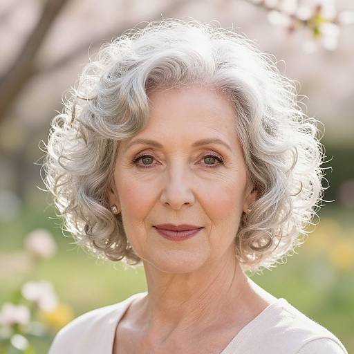 Photograph of an elderly woman with short, curly, silver-gray hair, wearing a white top, smiling softly in a sunlit garden.