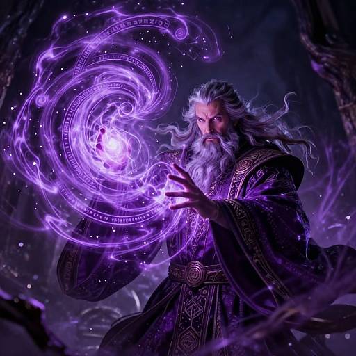 Digital fantasy artwork of a white-bearded wizard with flowing hair, wearing ornate dark robes, conjuring a swirling, purple magical aura.