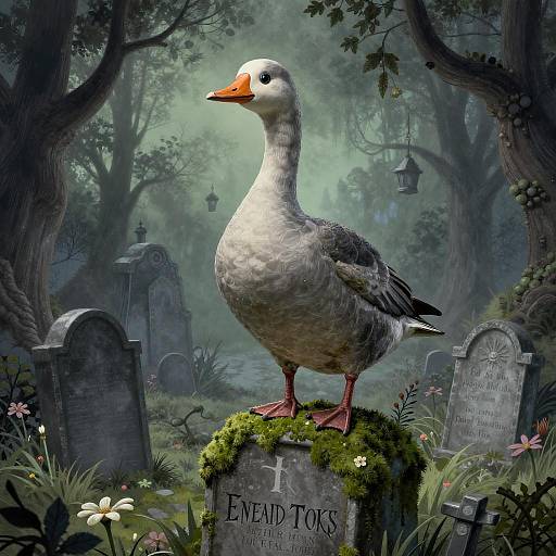 Digital illustration of a large, detailed goose standing on a moss-covered grave in a misty, overgrown cemetery with old tombstones and lanterns.