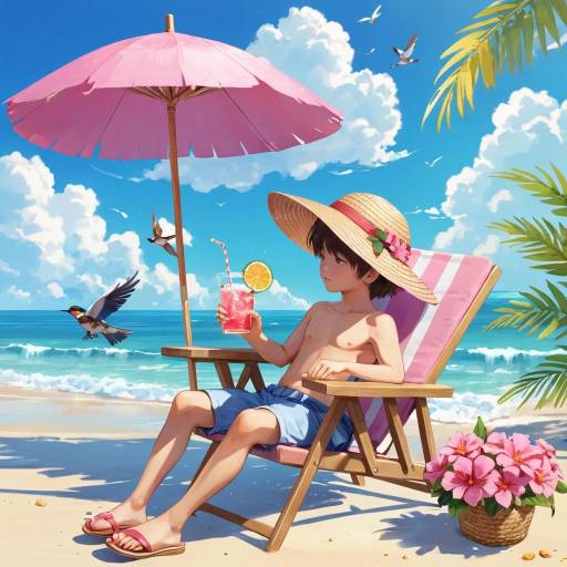 Relaxing Beach Scene with Flowers and Drinks
