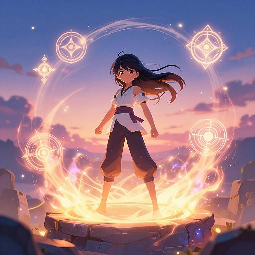 Anime-style digital illustration of a young girl with long black hair, standing on a stone platform, surrounded by glowing magical circles and flames, against a twilight
