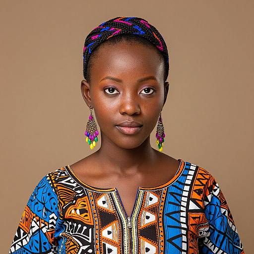 Photograph of a dark-skinned woman with braided hair, wearing colorful geometric-patterned dress and vibrant dangling earrings, against a beige background.