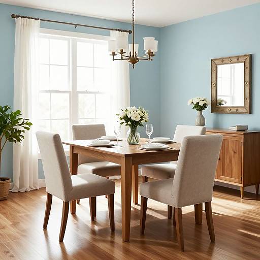 Photograph of a bright, modern dining room with light blue walls, wooden floor, white curtains, chandelier, wooden table, beige chairs, white