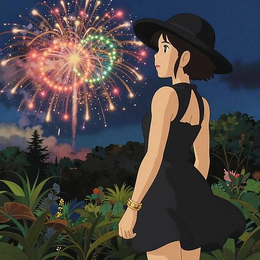Anime-style digital drawing of a woman in a black dress and hat, watching vibrant fireworks against a night sky, surrounded by lush greenery.