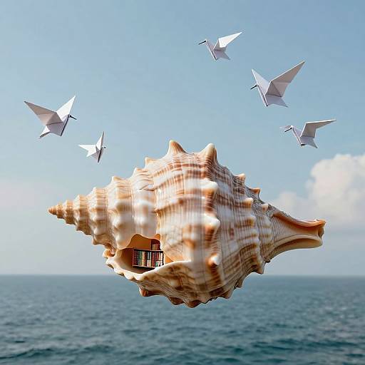 Photograph of a large, striped seashell with a tiny wooden house inside, floating over a calm ocean with five paper birds flying around against a