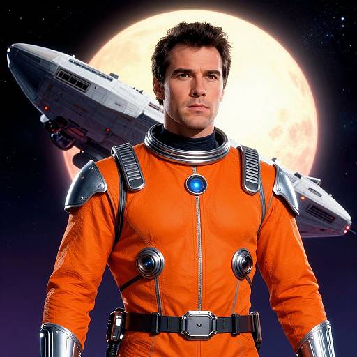 Photograph-style CGI of a handsome man in an orange space suit with metallic shoulder pads and blue circular buttons, standing in front of a large, bright
