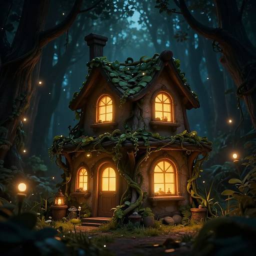 Whimsical, fairy-tale cottage with glowing orange windows, moss-covered roof, and surrounded by twinkling fireflies in a dark, enchanted forest