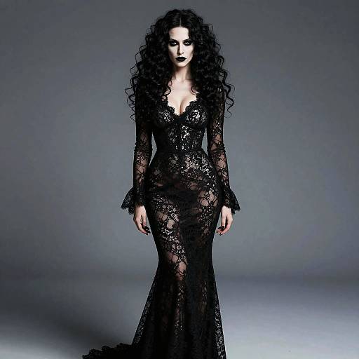 Photograph of a pale woman with long, curly black hair wearing a sheer, black lace, long-sleeve, V-neck gown, standing against