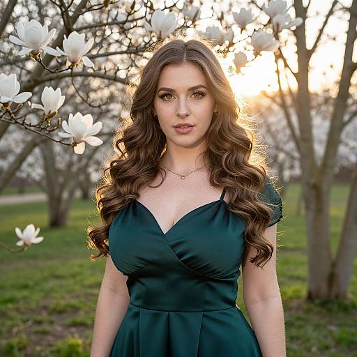Photograph of a young woman with long, wavy brown hair, wearing a dark green dress, standing in a sunlit spring orchard with blo