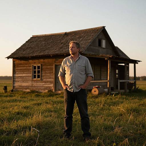 Photograph of a middle-aged man in a striped shirt and jeans standing in front of a rustic wooden house in a grassy field at sunset.
