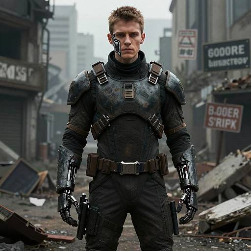 Stoic Cyborg in Grimdark Sci-Fi Ruins