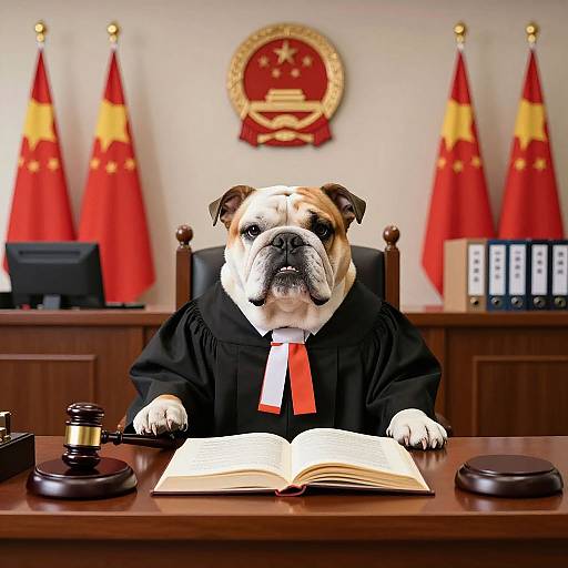 Photograph of a bulldog in a black judge's robe with red tie, sitting at a wooden desk, holding a gavel, with open book