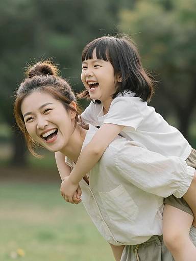 Playful Mother and Daughter Piggyback in Park