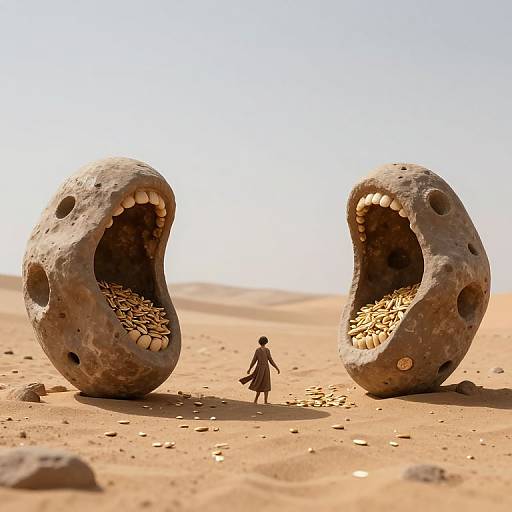 Photorealistic CGI: Small figure stands between two enormous, open-mouthed, rock-like creatures with sharp teeth and filled with grains in a desert.