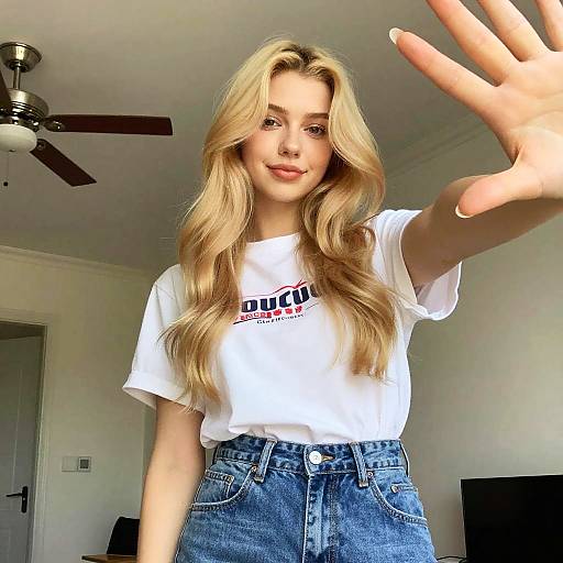Blonde woman with wavy hair, wearing white 