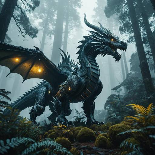 Ancient Mechanical Dragon in Foggy Forest